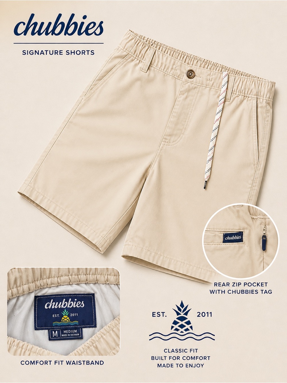 Chubbies Khaki Elastic Waist Shorts Men’s Medium Casual Summer Classic Fit
